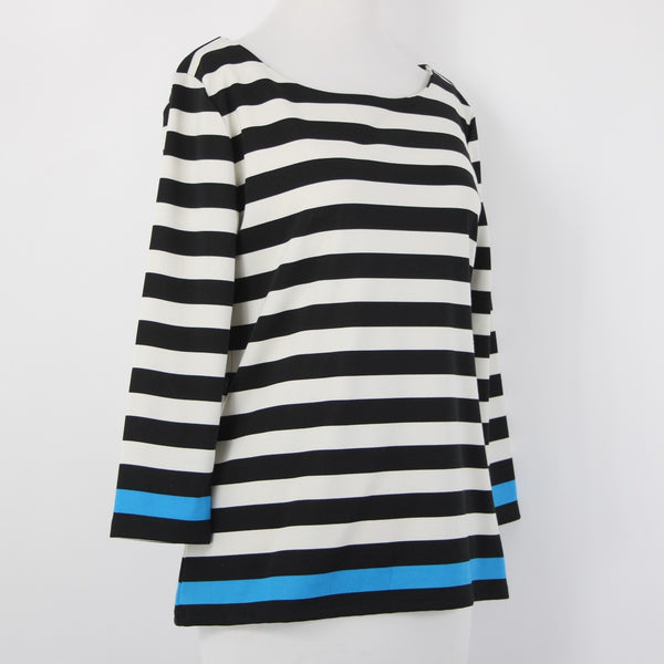 Ann Taylor Top Sz M Black White Blue Striped Pullover Polyester Spandex Top