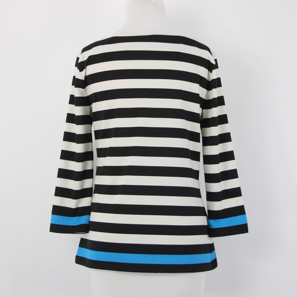 Ann Taylor Top Sz M Black White Blue Striped Pullover Polyester Spandex Top