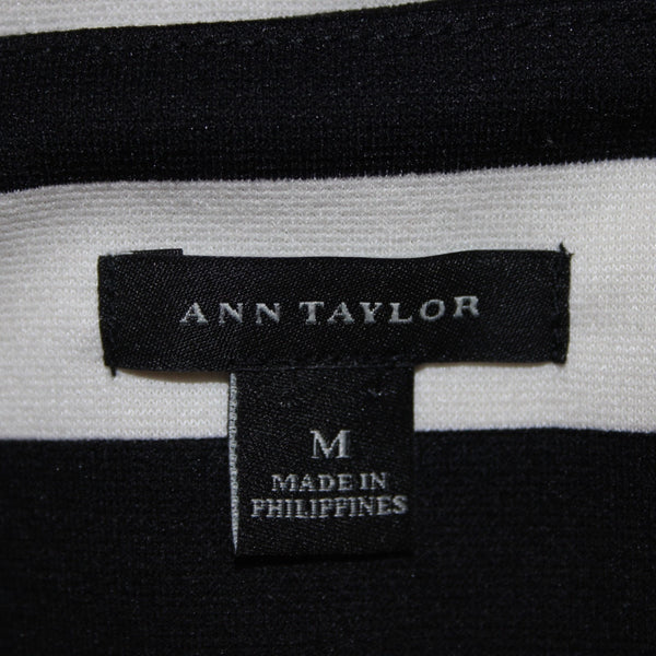Ann Taylor Top Sz M Black White Blue Striped Pullover Polyester Spandex Top