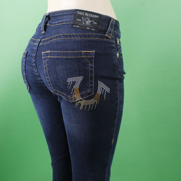 True Religion NEW $139 Sz 29 x 29 Dark Blue Denim Studs Skinny Cotton Blend Jean