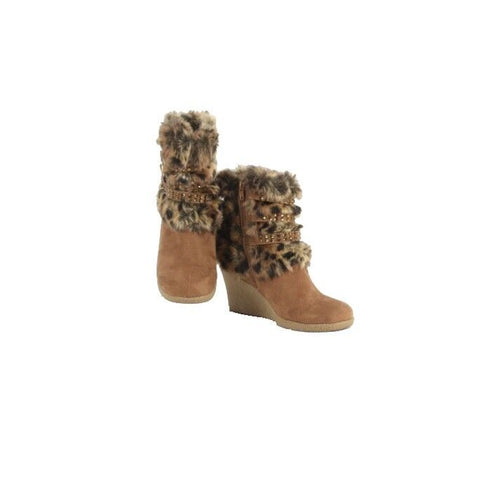 Joan Boyce Sz 6M Brown Black Strappy Rhinestone Faux Fur Suede Wedge Boot