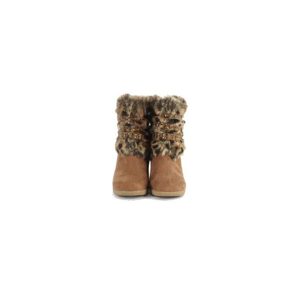 Joan Boyce Sz 6M Brown Black Strappy Rhinestone Faux Fur Suede Wedge Boot