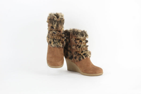 Joan Boyce Sz 6M Brown Black Strappy Rhinestone Faux Fur Suede Wedge Boot