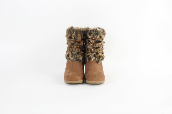 Joan Boyce Sz 6M Brown Black Strappy Rhinestone Faux Fur Suede Wedge Boot