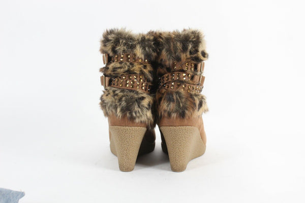 Joan Boyce Sz 6M Brown Black Strappy Rhinestone Faux Fur Suede Wedge Boot