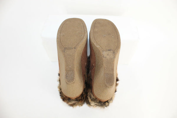 Joan Boyce Sz 6M Brown Black Strappy Rhinestone Faux Fur Suede Wedge Boot