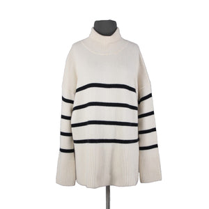 Nordstrom Signature Sz M Beige Black Oversized Turtleneck 100% Cashmere Sweater