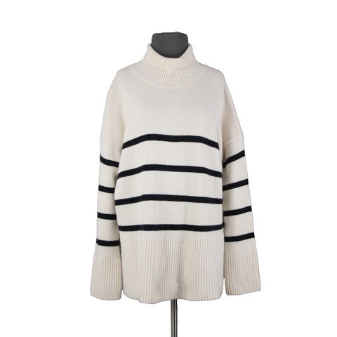 Nordstrom Signature Sz M Beige Black Oversized Turtleneck 100% Cashmere Sweater
