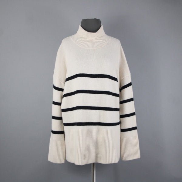 Nordstrom Signature Sz M Beige Black Oversized Turtleneck 100% Cashmere Sweater