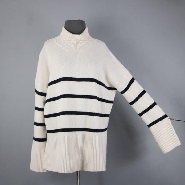 Nordstrom Signature Sz M Beige Black Oversized Turtleneck 100% Cashmere Sweater