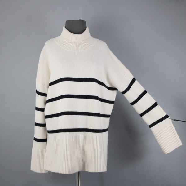 Nordstrom Signature Sz M Beige Black Oversized Turtleneck 100% Cashmere Sweater