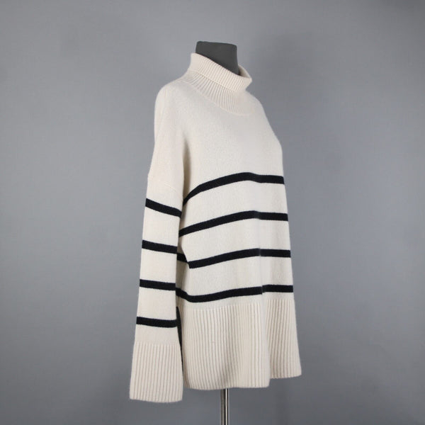 Nordstrom Signature Sz M Beige Black Oversized Turtleneck 100% Cashmere Sweater