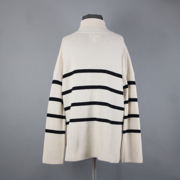 Nordstrom Signature Sz M Beige Black Oversized Turtleneck 100% Cashmere Sweater