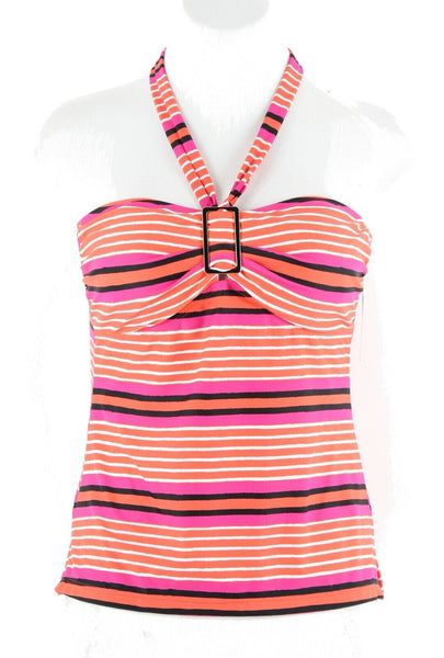 Island Escape NEW $30 Sz 10 Coral Black Multi Halter Nylon Blend Swim Top