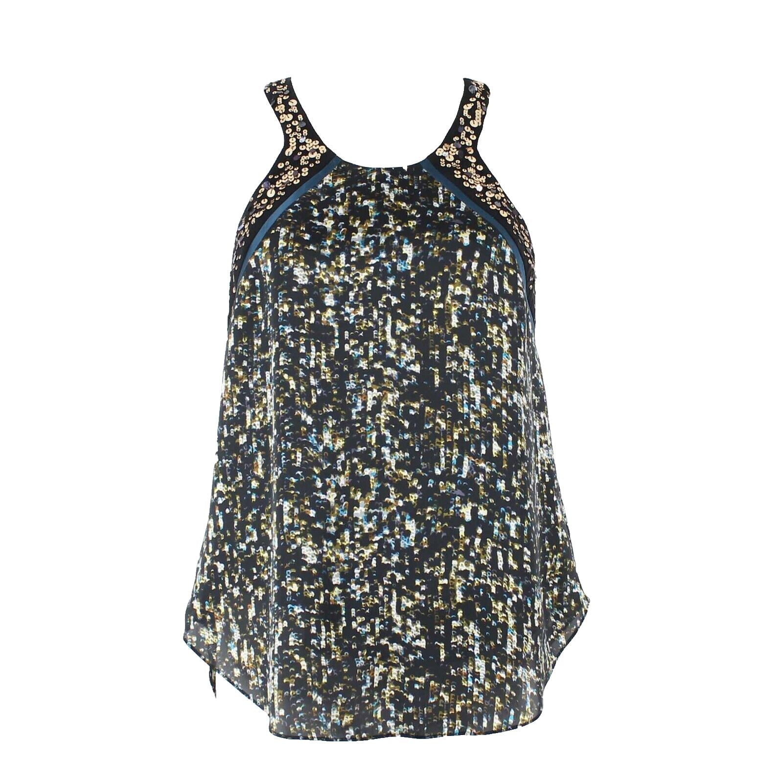 Rebecca Taylor Sz 2 Black Teal Multi Gold Sequin Layered Polyester Top
