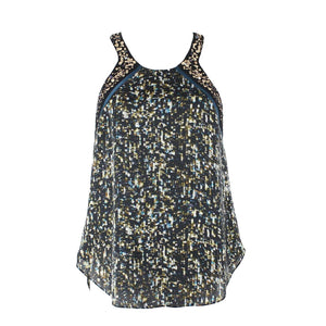 Rebecca Taylor Sz 2 Black Teal Multi Gold Sequin Layered Polyester Top