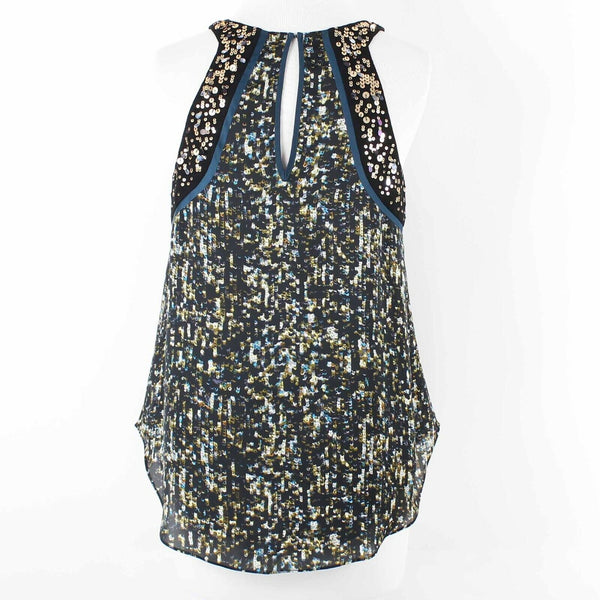 Rebecca Taylor Sz 2 Black Teal Multi Gold Sequin Layered Polyester Top
