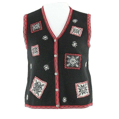 Woolrich Sz M Black White Red Snowflake Applique Embroidered 100% Wool Knit Vest