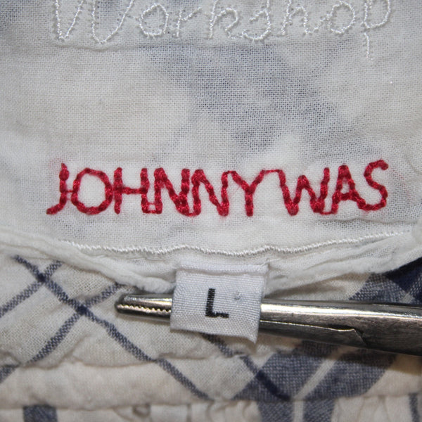 Johnny Was Top Sz L White Navy Blue Embroidered Cotton Spandex Top