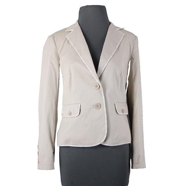 Liz Claiborne Sz 2 Tan Cream Padded Shoulder Button Lined Cotton Spandex Blazer