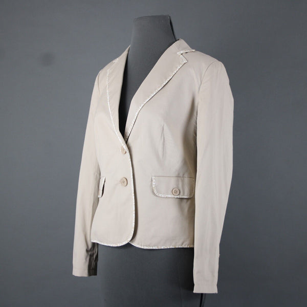 Liz Claiborne Sz 2 Tan Cream Padded Shoulder Button Lined Cotton Spandex Blazer