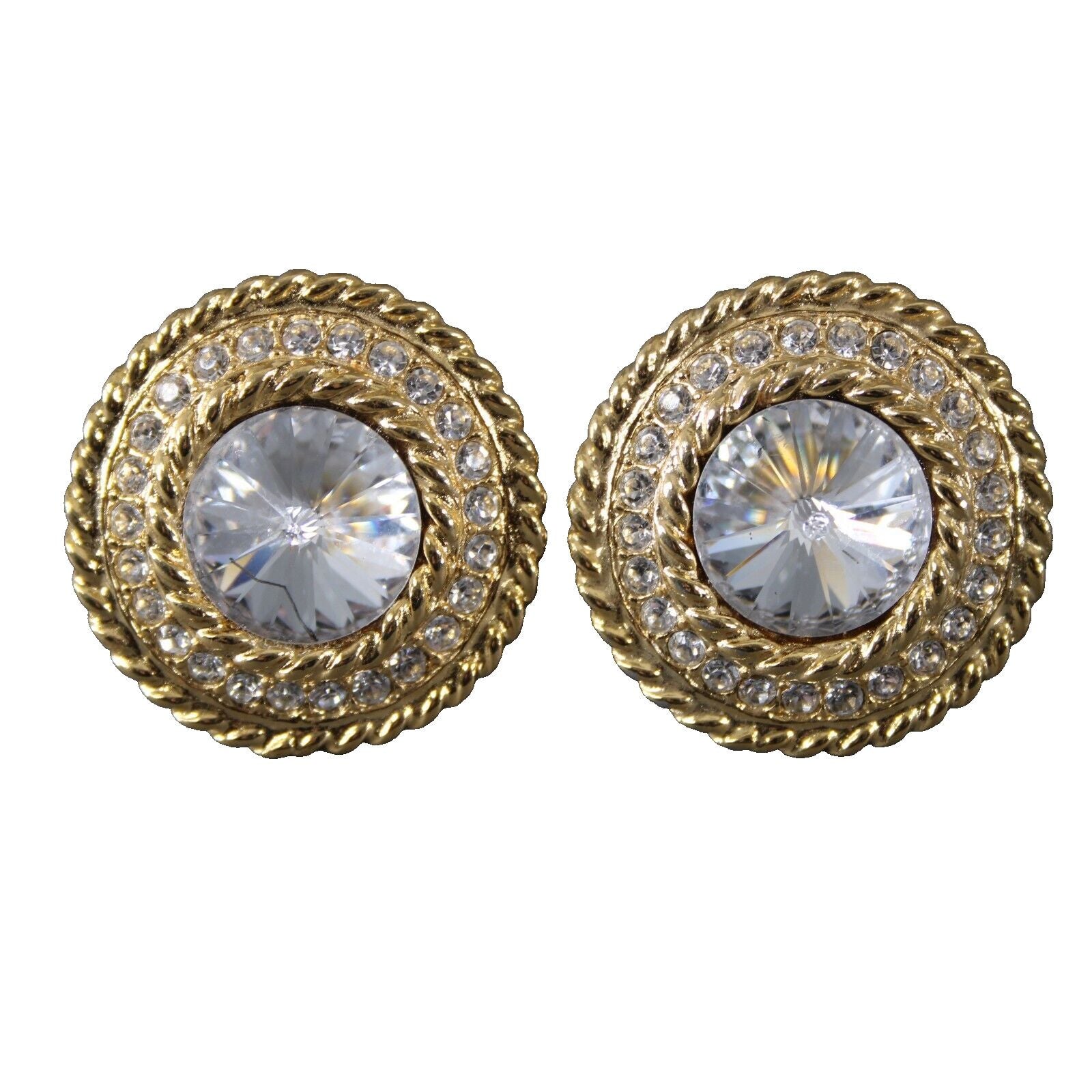 St John Goldtone Rope Edge Textured Rhinestones Round 1" Cuff Links