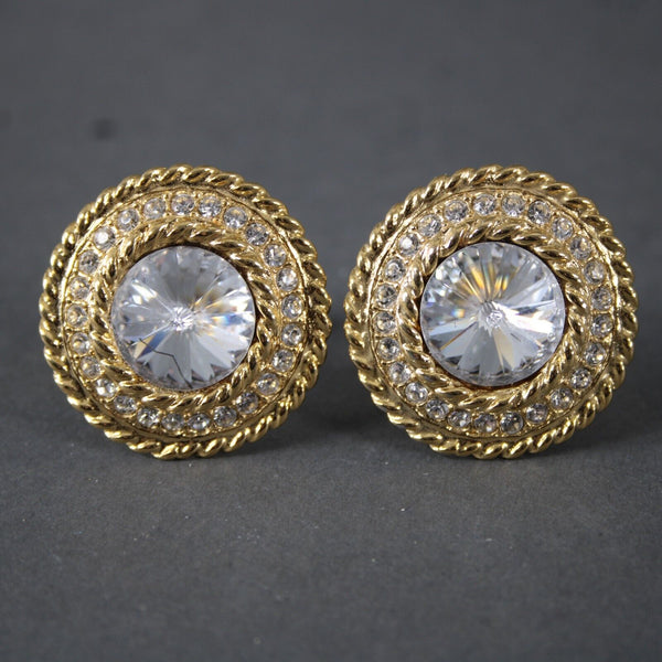 St John Goldtone Rope Edge Textured Rhinestones Round 1" Cuff Links