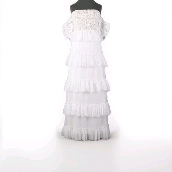 Minuet NEW Sz L White Tan Lined Lacoe Ruffles Off Shoulders Polyester Dress