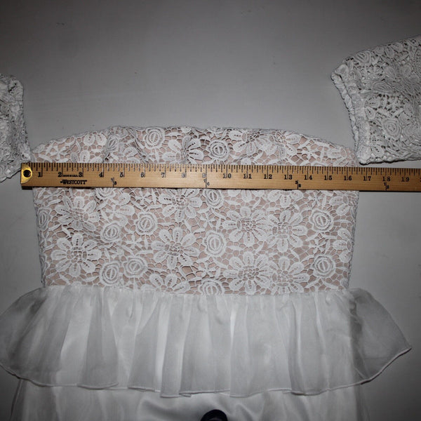 Minuet NEW Sz L White Tan Lined Lacoe Ruffles Off Shoulders Polyester Dress