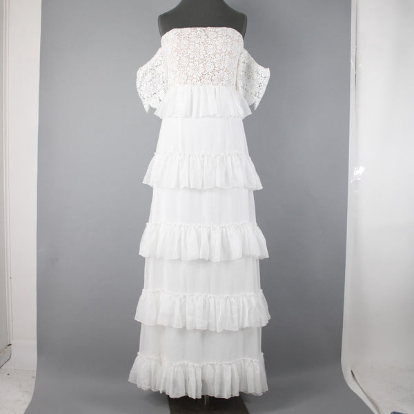 Minuet NEW Sz L White Tan Lined Lacoe Ruffles Off Shoulders Polyester Dress