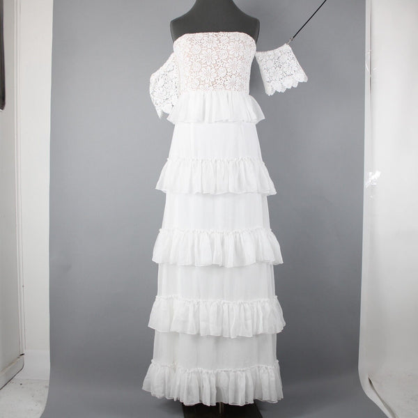 Minuet NEW Sz L White Tan Lined Lacoe Ruffles Off Shoulders Polyester Dress