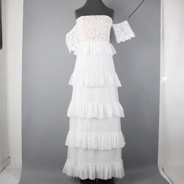 Minuet NEW Sz L White Tan Lined Lacoe Ruffles Off Shoulders Polyester Dress