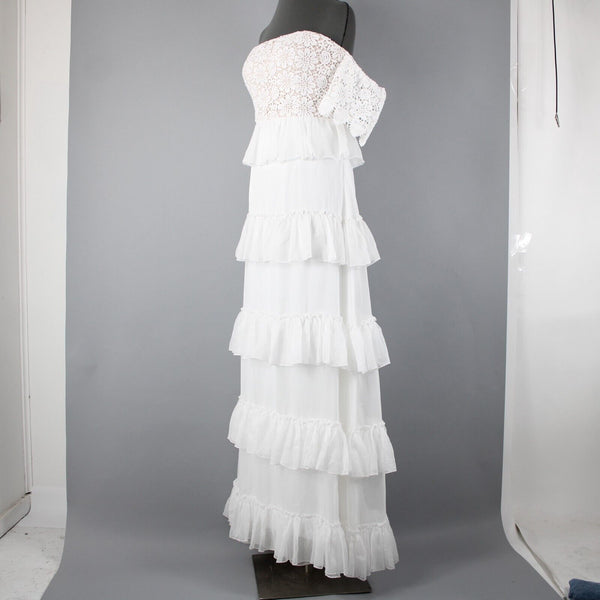 Minuet NEW Sz L White Tan Lined Lacoe Ruffles Off Shoulders Polyester Dress