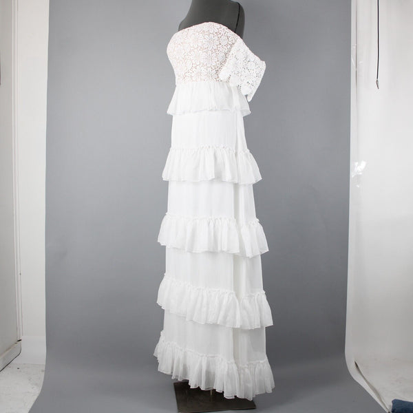 Minuet NEW Sz L White Tan Lined Lacoe Ruffles Off Shoulders Polyester Dress