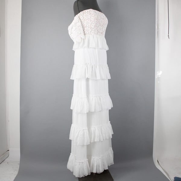 Minuet NEW Sz L White Tan Lined Lacoe Ruffles Off Shoulders Polyester Dress