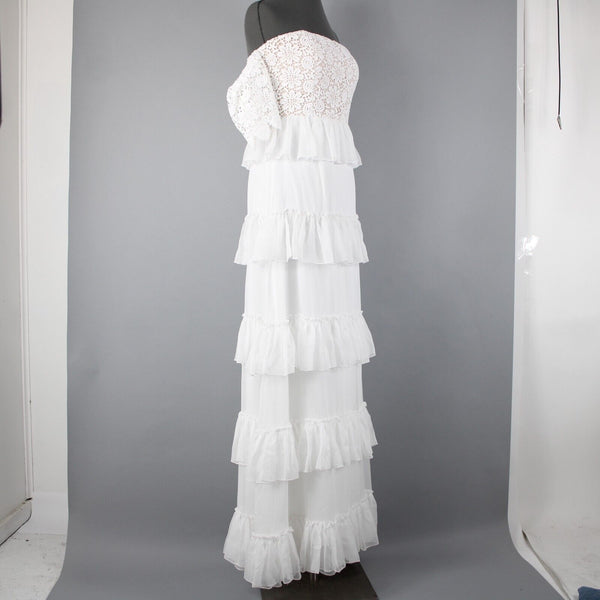 Minuet NEW Sz L White Tan Lined Lacoe Ruffles Off Shoulders Polyester Dress