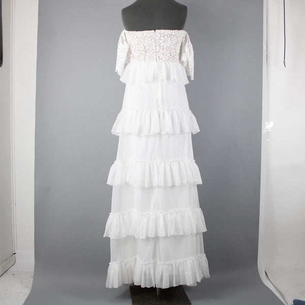 Minuet NEW Sz L White Tan Lined Lacoe Ruffles Off Shoulders Polyester Dress