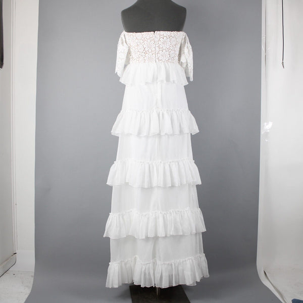 Minuet NEW Sz L White Tan Lined Lacoe Ruffles Off Shoulders Polyester Dress