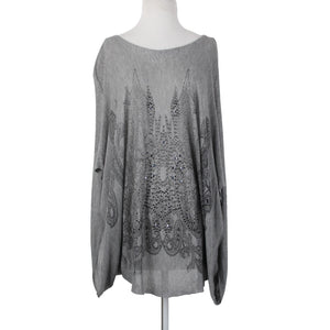 Tempo Paris Sz S/M Gray Black Studded Sheer Bohemian Oversized 100% Viscose Top