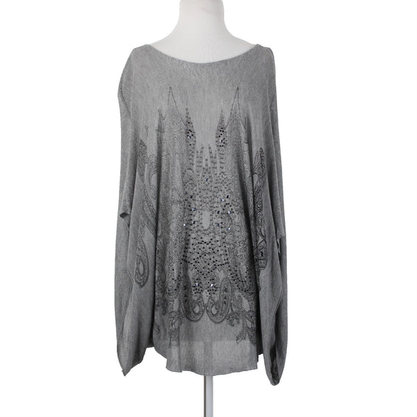 Tempo Paris Sz S/M Gray Black Studded Sheer Bohemian Oversized 100% Viscose Top