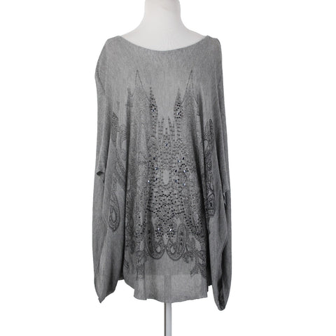 Tempo Paris Sz S/M Gray Black Studded Sheer Bohemian Oversized 100% Viscose Top