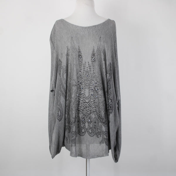 Tempo Paris Sz S/M Gray Black Studded Sheer Bohemian Oversized 100% Viscose Top