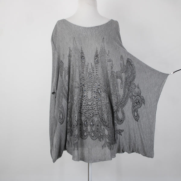 Tempo Paris Sz S/M Gray Black Studded Sheer Bohemian Oversized 100% Viscose Top