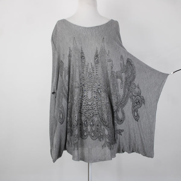 Tempo Paris Sz S/M Gray Black Studded Sheer Bohemian Oversized 100% Viscose Top