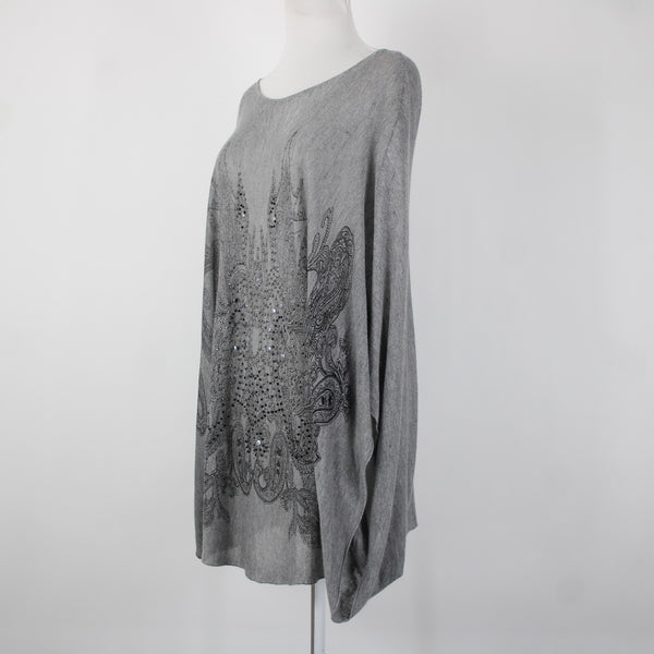 Tempo Paris Sz S/M Gray Black Studded Sheer Bohemian Oversized 100% Viscose Top