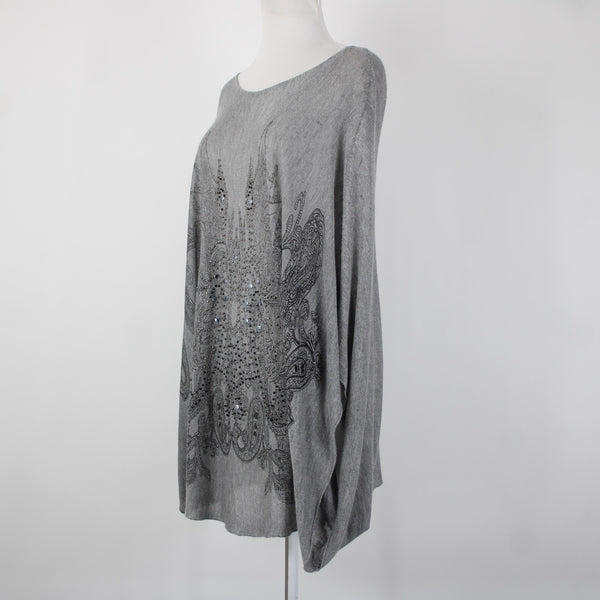 Tempo Paris Sz S/M Gray Black Studded Sheer Bohemian Oversized 100% Viscose Top