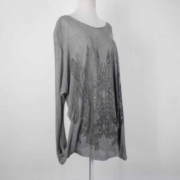 Tempo Paris Sz S/M Gray Black Studded Sheer Bohemian Oversized 100% Viscose Top