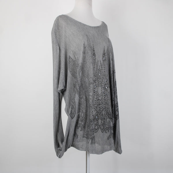 Tempo Paris Sz S/M Gray Black Studded Sheer Bohemian Oversized 100% Viscose Top