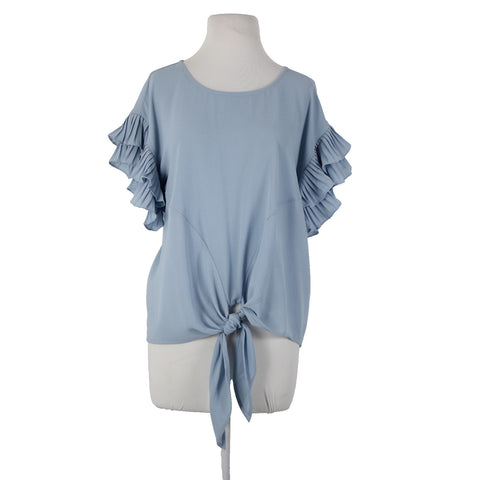 She Sky NEW $74 Sz S Blue Ruffle Sleeves Tie Up Polyester Spandex Top