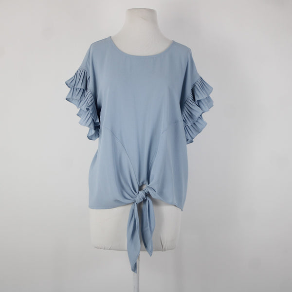 She Sky NEW $74 Sz S Blue Ruffle Sleeves Tie Up Polyester Spandex Top